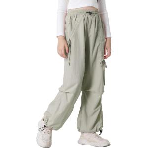 imageRolanko Wide Leg Girls Parachute Cargo Pants for Girls Butterfly Y2K Kids Cargo Jogger Trousers with Pockets Loose FitGreen