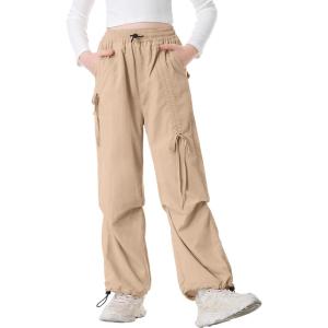 imageRolanko Wide Leg Girls Parachute Cargo Pants for Girls Butterfly Y2K Kids Cargo Jogger Trousers with Pockets Loose FitKhaki