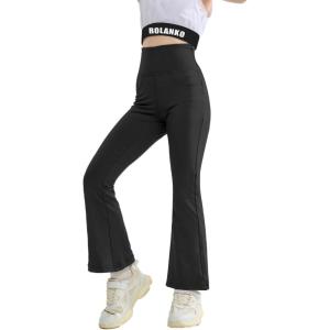 imageRolanko Girls Flare Leggings Yoga Pants with Pockets Stretch Kids Bell Bottoms Wide Leg Dance Pants 414 YearsBlack
