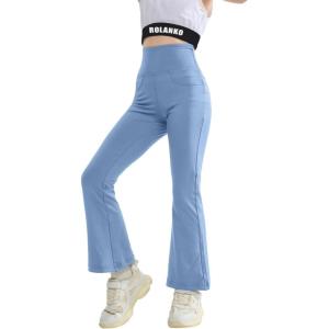 imageRolanko Girls Flare Leggings Yoga Pants with Pockets Stretch Kids Bell Bottoms Wide Leg Dance Pants 414 YearsBlue