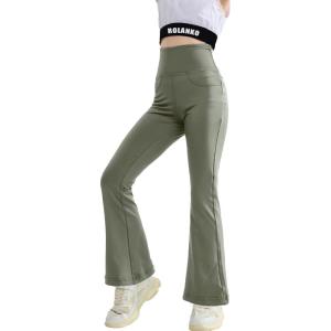 imageRolanko Girls Flare Leggings Yoga Pants with Pockets Stretch Kids Bell Bottoms Wide Leg Dance Pants 414 YearsGreen