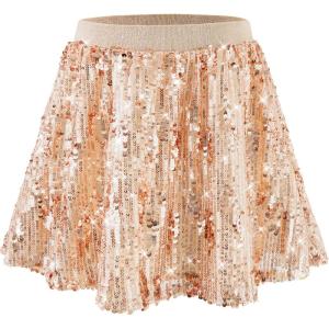 imageRolanko Girls Sequin Skirt Elastic Waist Glitter Sparkly Skort with Lining Twirling Shiny Skirts for Kids Dance Party 512YGold