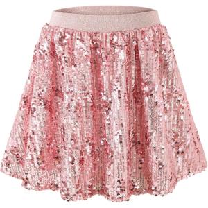 imageRolanko Girls Sequin Skirt Elastic Waist Glitter Sparkly Skort with Lining Twirling Shiny Skirts for Kids Dance Party 512YPink