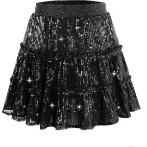 imageRolanko Girls Sequin Skirt Kids Elastic Waist ALine Sparkly Ruffle Skirt with Lining for Party DanceBlack