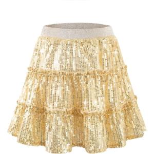 imageRolanko Girls Sequin Skirt Kids Elastic Waist ALine Sparkly Ruffle Skirt with Lining for Party DanceGold