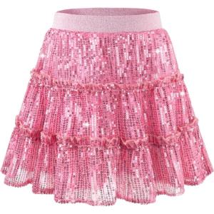 imageRolanko Girls Sequin Skirt Kids Elastic Waist ALine Sparkly Ruffle Skirt with Lining for Party DancePink
