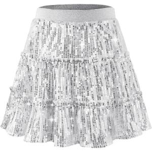 imageRolanko Girls Sequin Skirt Kids Elastic Waist ALine Sparkly Ruffle Skirt with Lining for Party DanceSilver