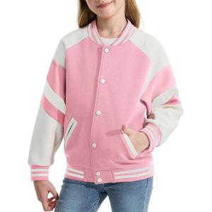 imageRolanko Girls Varsity Jackets Baseball Bomber Color Block Letterman Jacket Outwear With Pockets 715 YearsPink
