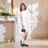 imageRolanko Girls Contrast Mesh Dress with Belt Puff Long Sleeve ALine Tulle Formal Party DressWhite