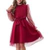 imageRolanko Girls Contrast Mesh Dress with Belt Puff Long Sleeve ALine Tulle Formal Party DressRed