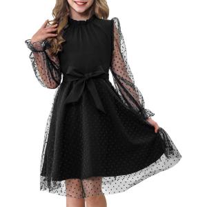 imageRolanko Girls Contrast Mesh Dress with Belt Puff Long Sleeve ALine Tulle Formal Party DressBlack