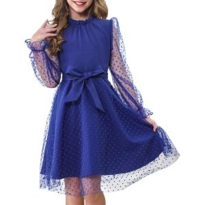 imageRolanko Girls Contrast Mesh Dress with Belt Puff Long Sleeve ALine Tulle Formal Party DressNavy