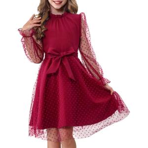 imageRolanko Girls Contrast Mesh Dress with Belt Puff Long Sleeve ALine Tulle Formal Party DressRed