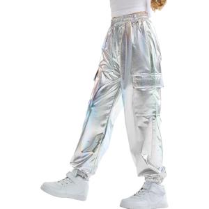 imageRolanko Girls Shiny Metallic Cargo Pants Sparkle Jogger Pants for Girls Hip Hop Dance Streetwear Cargo Trousers 615 YearsLasersilver