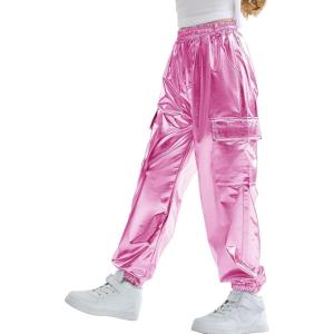 imageRolanko Girls Shiny Metallic Cargo Pants Sparkle Jogger Pants for Girls Hip Hop Dance Streetwear Cargo Trousers 615 YearsPink