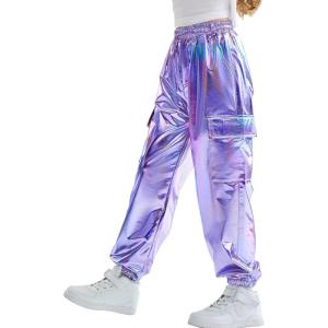 imageRolanko Girls Shiny Metallic Cargo Pants Sparkle Jogger Pants for Girls Hip Hop Dance Streetwear Cargo Trousers 615 YearsPurple