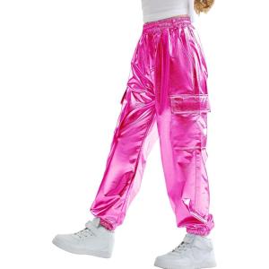 imageRolanko Girls Shiny Metallic Cargo Pants Sparkle Jogger Pants for Girls Hip Hop Dance Streetwear Cargo Trousers 615 YearsRose