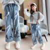 imageRolanko Girls Jeans Denim Elastic Wasit Wide Leg Baggy Pants Kids Clothes 414 YearsA7blue Graffiti