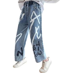 imageRolanko Girls Jeans Denim Elastic Wasit Wide Leg Baggy Pants Kids Clothes 414 YearsA7blue Graffiti