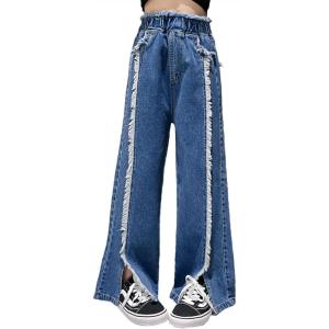 imageRolanko Girls Jeans Denim Elastic Wasit Wide Leg Baggy Pants Kids Clothes 414 YearsD1split Raw