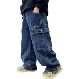 imageRolanko Boys Baggy Jeans Wide Leg Elastic Waist Denim Pants Loose Fit Trousers Vintage Y2K StreetwearCargo