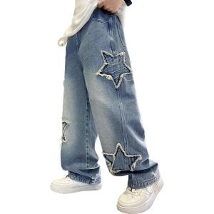imageRolanko Boys Baggy Jeans Wide Leg Elastic Waist Denim Pants Loose Fit Trousers Vintage Y2K StreetwearSandedstar