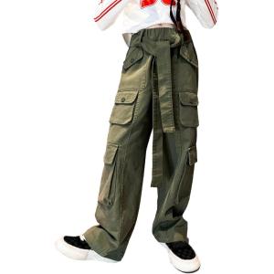 imageRolanko Girls Cargo Pants Baggy Y2K Cargo Trousers Jeans Wide Leg Pants with Multi Pockets 415 YearsArmygreen