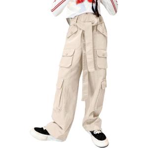 imageRolanko Girls Cargo Pants Baggy Y2K Cargo Trousers Jeans Wide Leg Pants with Multi Pockets 415 YearsBeige