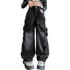 imageRolanko Girls Cargo Pants Baggy Y2K Cargo Trousers Jeans Wide Leg Pants with Multi Pockets 415 YearsBlackmultipockets