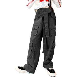 imageRolanko Girls Cargo Pants Baggy Y2K Cargo Trousers Jeans Wide Leg Pants with Multi Pockets 415 YearsDarkgrey