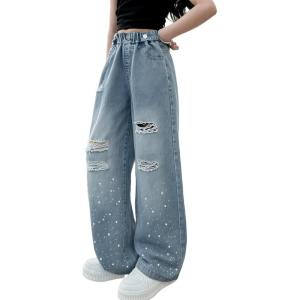 imageRolanko Girls Jeans Denim Elastic Wasit Wide Leg Baggy Pants Kids Clothes 414 YearsGlitterhole
