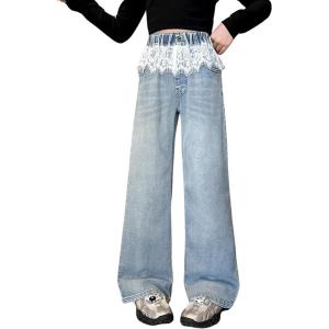 imageRolanko Girls Jeans Denim Elastic Wasit Wide Leg Baggy Pants Kids Clothes 414 YearsLace
