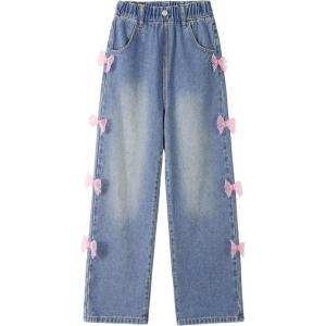 imageRolanko Girls Jeans Denim Elastic Wasit Wide Leg Baggy Pants Kids Clothes 414 YearsPinkbutterfly