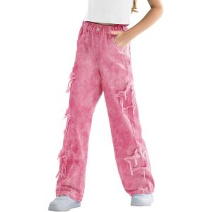imageRolanko Girls Jeans Denim Elastic Wasit Wide Leg Baggy Pants Kids Clothes 414 YearsPinkstar
