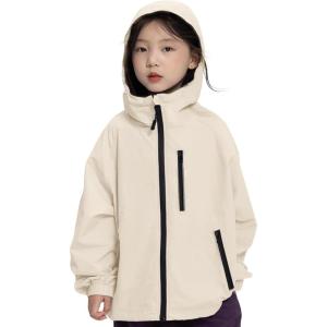 imageRolanko Girls Waterproof Hooded Jacket Lightweight Raincoats for Kids Boys Windbreaker Outdoor Rain JacketBeige