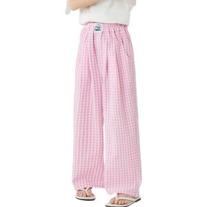 imageRolanko Girls Wide Leg Pants Flowy Loose Fit Palazzo Pants for Girls Kids Linen Trousers Casual Beach 614YPinkplaid