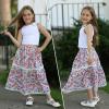 imageRolanko Girls Floral Print Long Skirts ALine High Waist Tiered Boho Maxi Skirt with Lace TrimRed