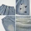 imageRolanko Girls Jean Shorts Wide Leg Baggy Denim Shorts Elastic Waist Kids Shorty Summer Short with Pocket 614 YearsEmbroideryheart