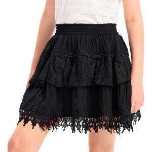 imageRolanko Girls Boho Lace Skorts Flowy Ruffle Tiered Crochet Mini Skirts with Builtin ShortsBlack