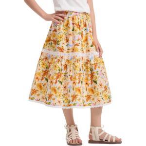 imageRolanko Girls Floral Print Long Skirts ALine High Waist Tiered Boho Maxi Skirt with Lace TrimOrange