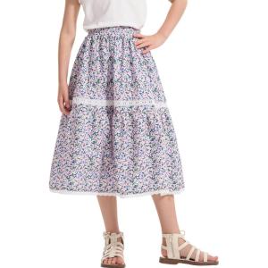 imageRolanko Girls Floral Print Long Skirts ALine High Waist Tiered Boho Maxi Skirt with Lace TrimPinkpurple