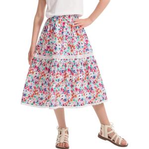 imageRolanko Girls Floral Print Long Skirts ALine High Waist Tiered Boho Maxi Skirt with Lace TrimRed