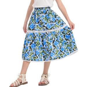 imageRolanko Girls Floral Print Long Skirts ALine High Waist Tiered Boho Maxi Skirt with Lace TrimRoyalblue