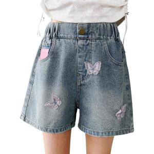 imageRolanko Girls Jean Shorts Wide Leg Baggy Denim Shorts Elastic Waist Kids Shorty Summer Short with Pocket 614 Years3dbutterfly