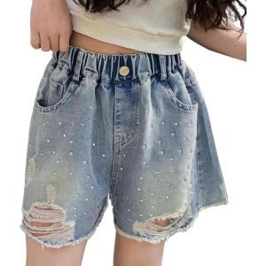 imageRolanko Girls Jean Shorts Wide Leg Baggy Denim Shorts Elastic Waist Kids Shorty Summer Short with Pocket 614 YearsDiamonds