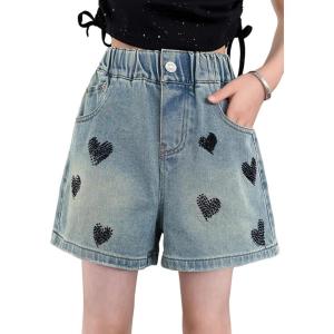 imageRolanko Girls Jean Shorts Wide Leg Baggy Denim Shorts Elastic Waist Kids Shorty Summer Short with Pocket 614 YearsEmbroideryheart