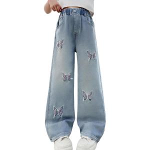 imageRolanko Girls Baggy Jeans Distressed Denim Pants Elastic Waist Wide Leg Jeans for Girls Kids Loose Fit 414 YearsPinkbutterfly