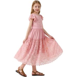 imageRolanko Girls Boho Lace Dresses Ruffle Sleeve Tiered Flower Girl Maxi Dress with Lining for Wedding PartyPink