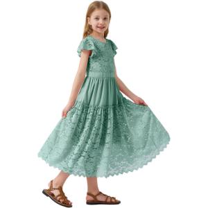 imageRolanko Girls Boho Lace Dresses Ruffle Sleeve Tiered Flower Girl Maxi Dress with Lining for Wedding PartySagegreen