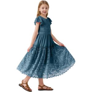 imageRolanko Girls Boho Lace Dresses Ruffle Sleeve Tiered Flower Girl Maxi Dress with Lining for Wedding PartyTeal